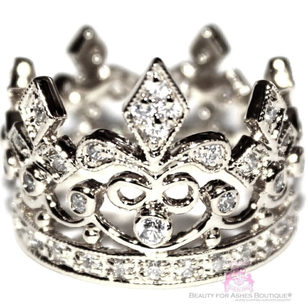 925 Sterling Silver Fleur de Lis Royalty Princess Clear CZ Crown of Life Ring 10